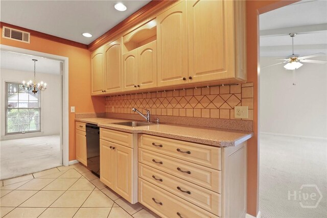 10804 Dorchester Rd, Savannah, GA 31406 - kitchen featuring light carpet, light countertops, dishwasher, a ceiling fan, and decorative backsplash