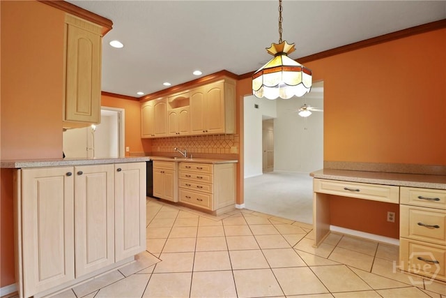 10804 Dorchester Rd, Savannah, GA 31406 - kitchen featuring light countertops, light tile patterned floors, a ceiling fan, tasteful backsplash, and crown molding