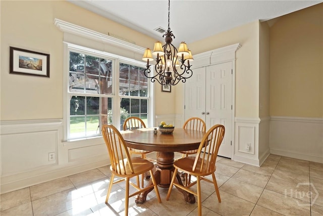 72 Roswell Trl, Richmond Hill, GA 31324 - dining room featuring a chandelier, light tile patterned floors, wainscoting, and a decorative wall
