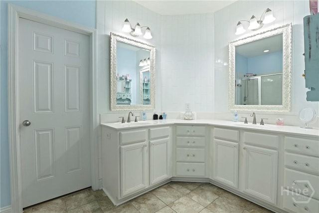 72 Roswell Trl, Richmond Hill, GA 31324 - full bathroom featuring double vanity, a shower stall, and tile patterned floors