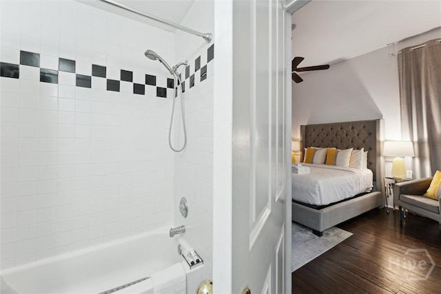 531 E Broad St, Savannah, GA 31401 - ensuite bathroom with bathtub / shower combination, ceiling fan, and wood finished floors