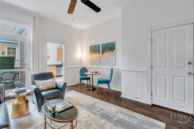 531 E Broad St, Savannah, GA 31401 - living area featuring ceiling fan, wood finished floors, and a wainscoted wall