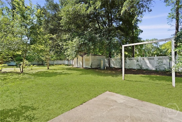 265 Mahan St, Jesup, GA 31545 - fenced backyard featuring a storage shed and a patio