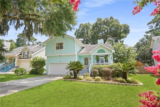 505 Pointe N Dr, Savannah, GA 31410 - view of front of house with driveway, a front yard, an attached garage, a chimney, and a shingled roof