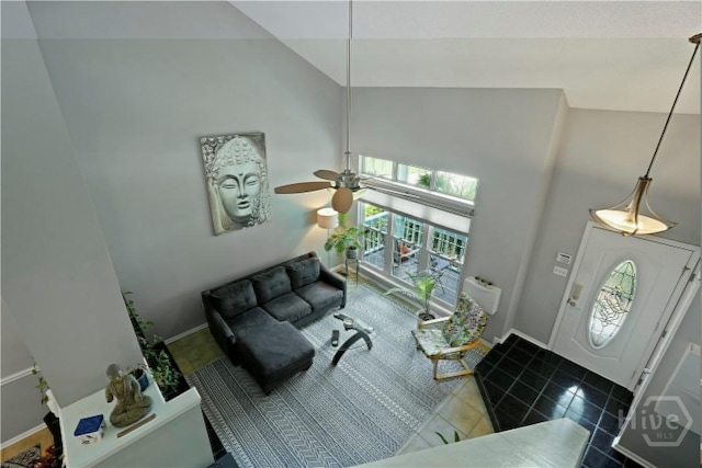 505 Pointe N Dr, Savannah, GA 31410 - living area featuring high vaulted ceiling, tile patterned flooring, and ceiling fan
