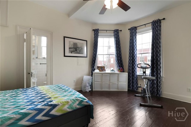24 E Jones St, Savannah, GA 31401 - bedroom with hardwood / wood-style floors, beamed ceiling, ensuite bathroom, and a ceiling fan