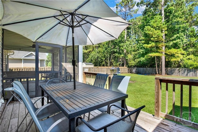 97 Misty Dr, Richmond Hill, GA 31324 - wooden terrace with outdoor dining space and a fenced backyard