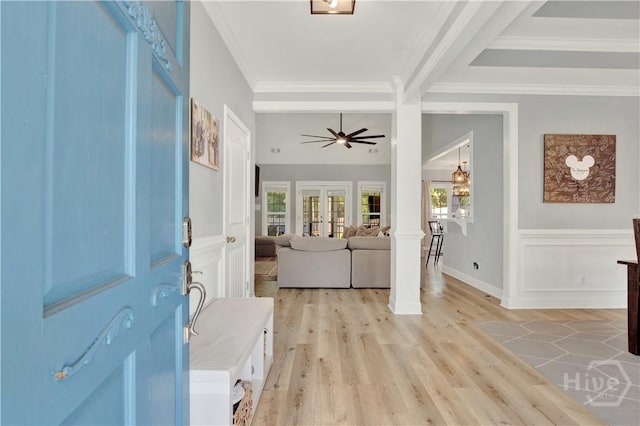 97 Misty Dr, Richmond Hill, GA 31324 - foyer with crown molding, light wood-style floors, and ceiling fan