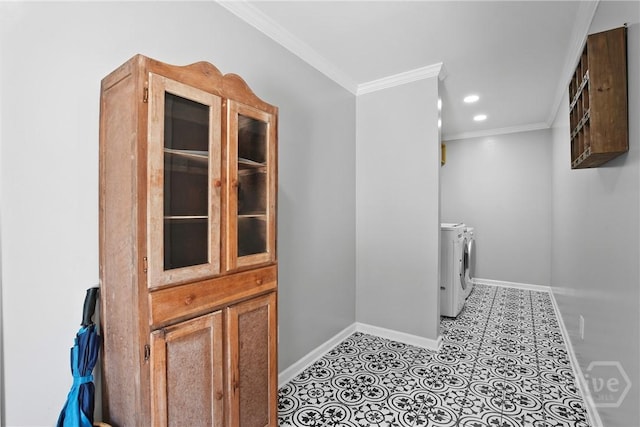 206 Devonshire Rd, Savannah, GA 31410 - washroom featuring independent washer and dryer, crown molding, light tile patterned flooring, and recessed lighting