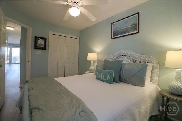 1615 Strand Ave Unit 4, Tybee Island, GA 31328 - bedroom featuring a closet, wood finished floors, and a ceiling fan