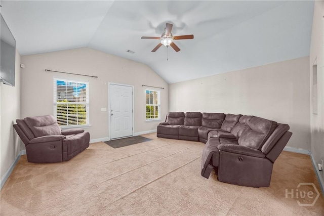 57 Fiore Dr, Savannah, GA 31419 - living area with carpet floors, vaulted ceiling, and a ceiling fan