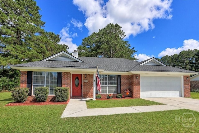 198 Jennifer Cir, Rincon, GA 31326 - ranch-style home featuring brick siding, a garage, a front yard, driveway, and a chimney