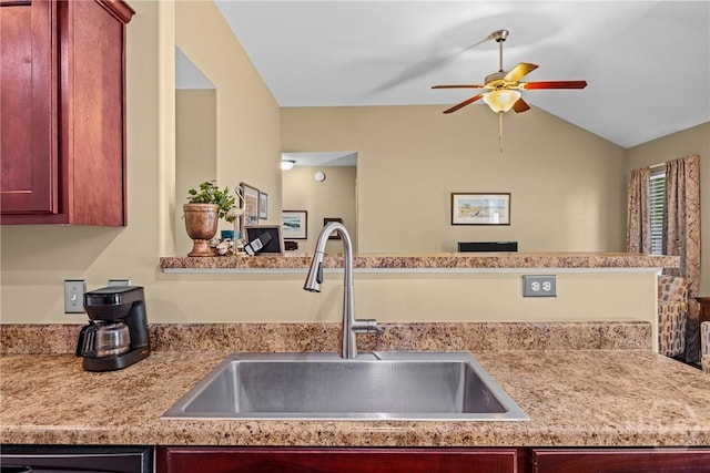5 Winston Dr, Guyton, GA 31312 - kitchen featuring reddish brown cabinets, ceiling fan, lofted ceiling, and dishwasher