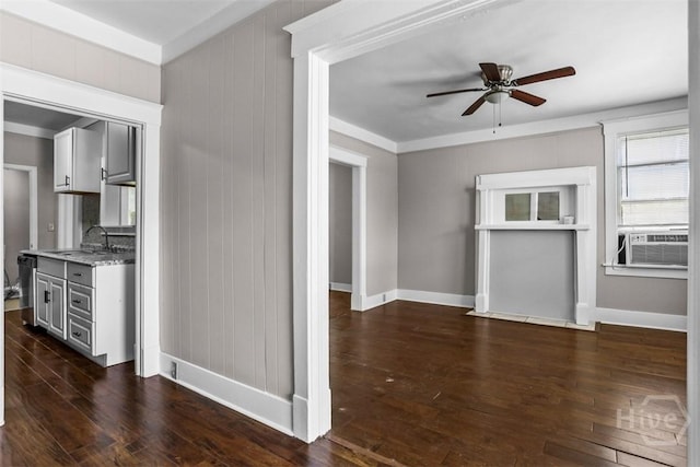 1104 E 40th St, Savannah, GA 31404 - kitchen featuring ceiling fan, dark wood-type flooring, cooling unit, gray cabinetry, and ornamental molding