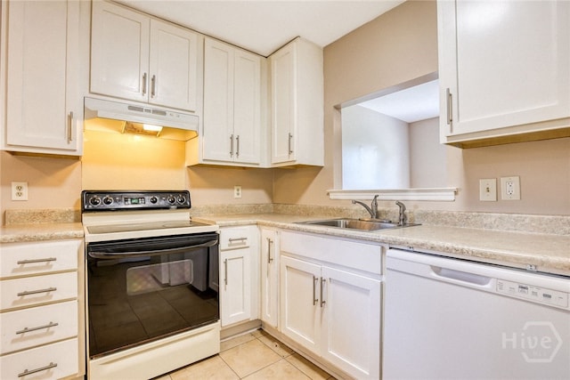 117 Fox Chase Rd, Savannah, GA 31406 - kitchen featuring dishwasher, range with electric cooktop, under cabinet range hood, light tile patterned flooring, and white cabinets