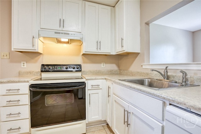 117 Fox Chase Rd, Savannah, GA 31406 - kitchen featuring range with electric stovetop, white dishwasher, under cabinet range hood, light tile patterned flooring, and white cabinetry