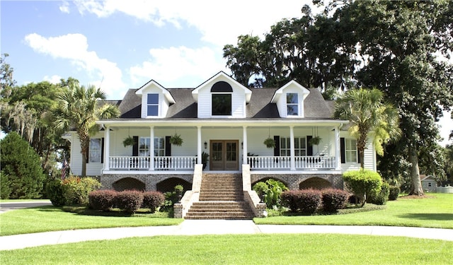 2766 Fort Mcallister Rd, Richmond Hill, GA 31324 - new england style home featuring stairway, a front lawn, a porch, and french doors