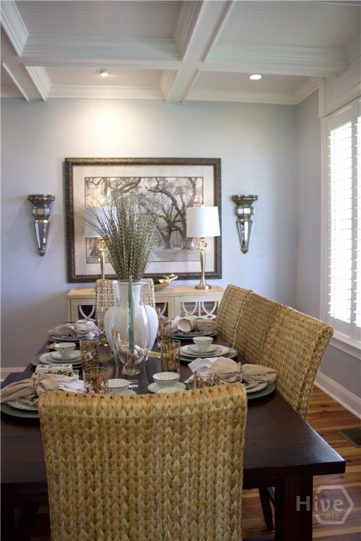 2766 Fort Mcallister Rd, Richmond Hill, GA 31324 - dining room with beamed ceiling, wood finished floors, coffered ceiling, ornamental molding, and recessed lighting