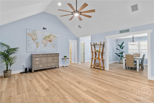 115 Coquena Cir E, Savannah, GA 31410 - living area featuring ceiling fan, light wood-type flooring, and high vaulted ceiling
