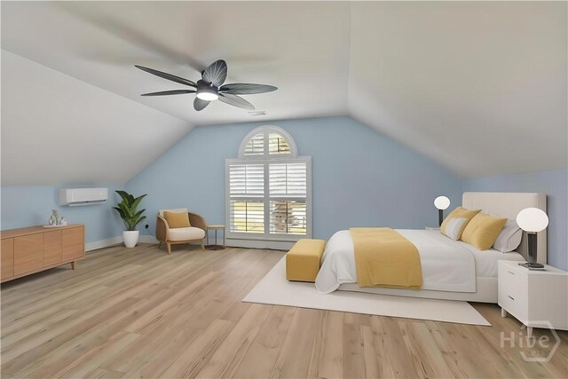 115 Coquena Cir E, Savannah, GA 31410 - bedroom with a wall mounted AC, wood finished floors, lofted ceiling, and ceiling fan