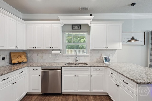 105 Summer Station Dr, Guyton, GA 31312 - kitchen with stainless steel dishwasher, white cabinets, a peninsula, and crown molding