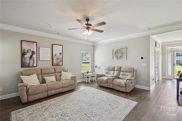 105 Summer Station Dr, Guyton, GA 31312 - living room featuring crown molding, a ceiling fan, and dark wood-style flooring