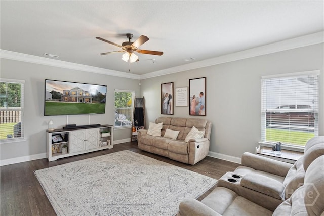 105 Summer Station Dr, Guyton, GA 31312 - living room with ceiling fan, dark wood-style floors, and crown molding