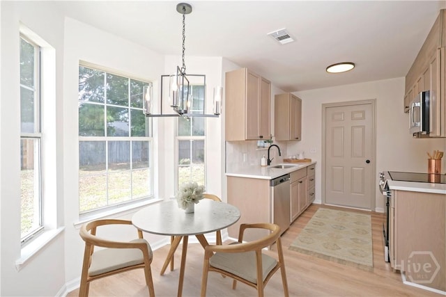 7231 Grant St, Savannah, GA 31406 - kitchen with stainless steel appliances, plenty of natural light, light wood-style flooring, and light countertops