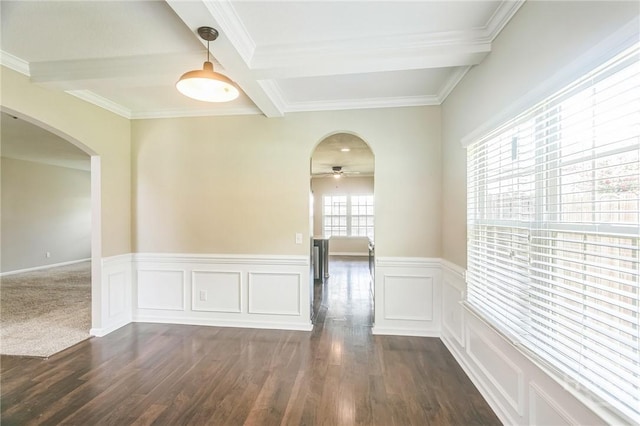804 Barrington Dr, Hinesville, GA 31313 - empty room with arched walkways, dark wood-type flooring, a ceiling fan, crown molding, and beamed ceiling