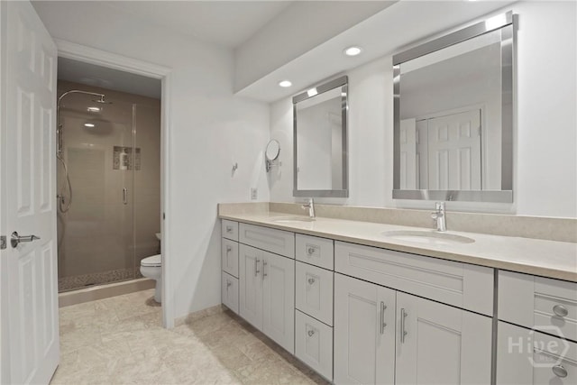 4 Tapestry Ln, Savannah, GA 31411 - bathroom featuring double vanity, a stall shower, and recessed lighting