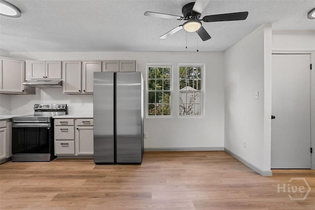 109 E Tietgen St, Pooler, GA 31322 - kitchen with stainless steel appliances, gray cabinets, a ceiling fan, light countertops, and a textured ceiling
