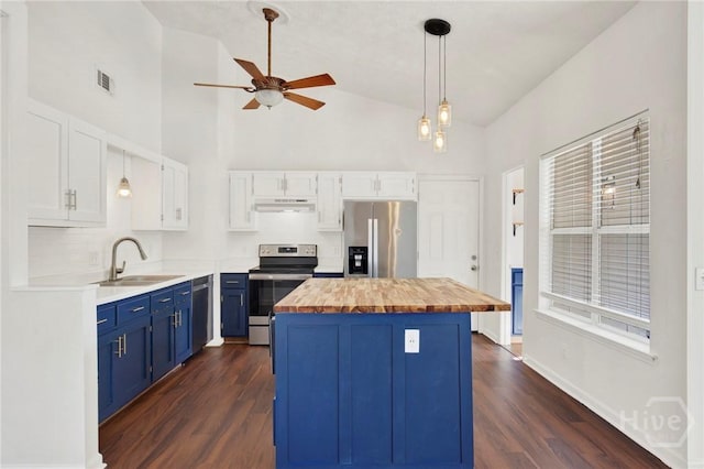 106 Dry Dock Ct, Savannah, GA 31410 - kitchen featuring stainless steel appliances, blue cabinetry, butcher block counters, under cabinet range hood, and ceiling fan