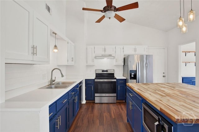 106 Dry Dock Ct, Savannah, GA 31410 - kitchen with appliances with stainless steel finishes, blue cabinetry, wooden counters, under cabinet range hood, and white cabinets