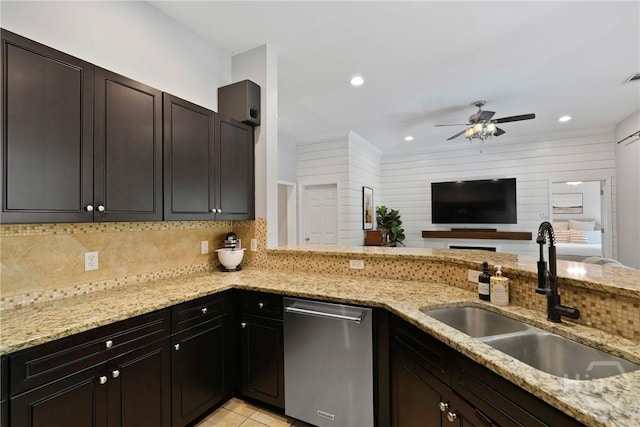 22 Carriage Way, Midway, GA 31320 - kitchen with dishwasher, tasteful backsplash, a ceiling fan, light stone counters, and recessed lighting