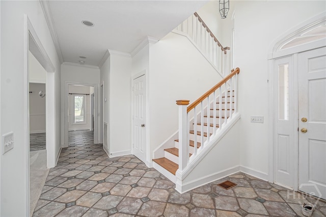 1 Hobcaw Ln, Savannah, GA 31411 - entrance foyer with stairs, ornamental molding, and stone finish flooring