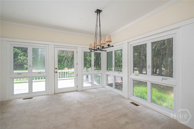1 Hobcaw Ln, Savannah, GA 31411 - unfurnished sunroom with carpet floors, ornamental molding, and a chandelier