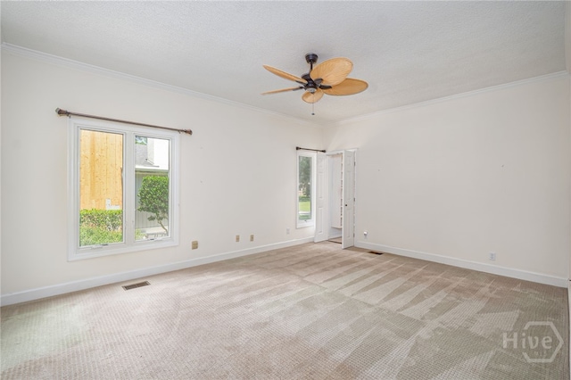 1 Hobcaw Ln, Savannah, GA 31411 - unfurnished room featuring ornamental molding, light carpet, ceiling fan, and a textured ceiling