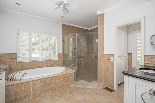 1 Hobcaw Ln, Savannah, GA 31411 - full bathroom with plenty of natural light, vanity, tile patterned floors, a bath, and ornamental molding