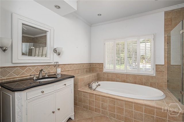 1 Hobcaw Ln, Savannah, GA 31411 - bathroom with a bath, vanity, a shower stall, ornamental molding, and tile patterned floors