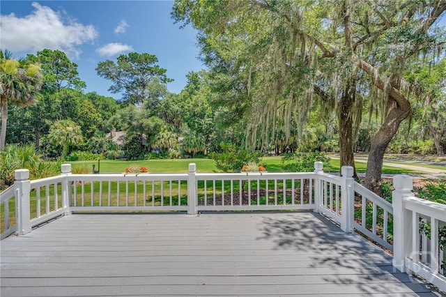 1 Hobcaw Ln, Savannah, GA 31411 - wooden deck with view of wooded area and a lawn