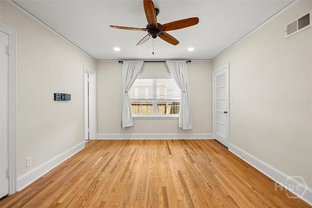 540 E 60th St, Savannah, GA 31405 - spare room featuring a ceiling fan, light wood finished floors, crown molding, and recessed lighting