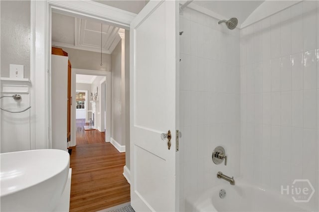 1406 E 50th St, Savannah, GA 31404 - bathroom with wood finished floors, bathing tub / shower combination, and crown molding