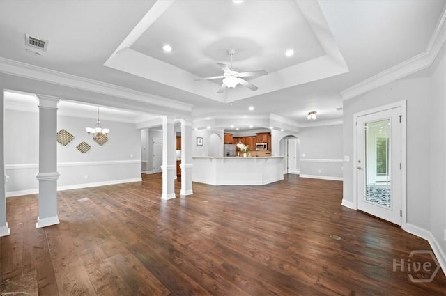 2604 River Oaks Dr Unit 2604, Richmond Hill, GA 31324 - unfurnished living room featuring a tray ceiling, ceiling fan, dark wood-style flooring, recessed lighting, and crown molding
