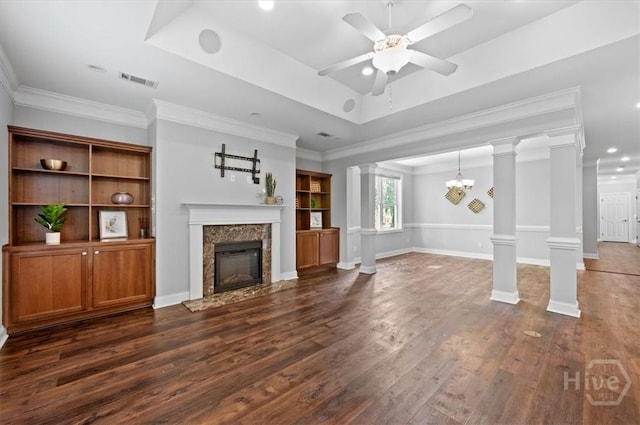 2604 River Oaks Dr Unit 2604, Richmond Hill, GA 31324 - unfurnished living room with a premium fireplace, a ceiling fan, dark wood-style flooring, ornamental molding, and recessed lighting