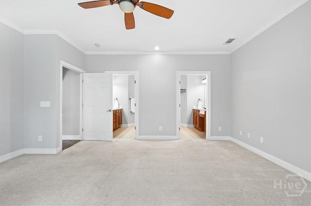 2604 River Oaks Dr Unit 2604, Richmond Hill, GA 31324 - unfurnished bedroom featuring ensuite bathroom, ornamental molding, light colored carpet, and a ceiling fan