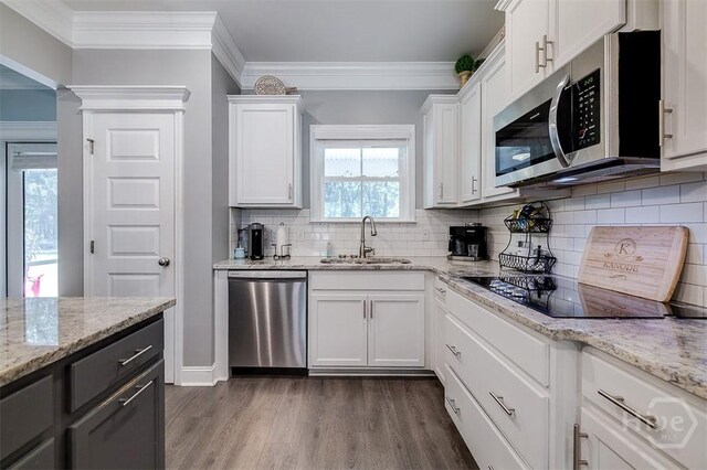 1652 Belle Island Rd, Richmond Hill, GA 31324 - kitchen featuring appliances with stainless steel finishes, dark wood-style floors, white cabinets, ornamental molding, and decorative backsplash
