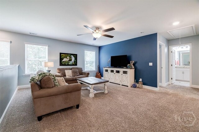 1652 Belle Island Rd, Richmond Hill, GA 31324 - carpeted living room featuring attic access and a ceiling fan