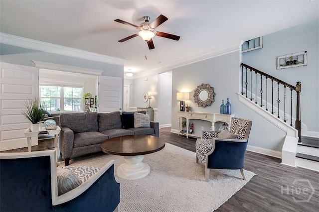 1652 Belle Island Rd, Richmond Hill, GA 31324 - living room with wood finished floors, a ceiling fan, crown molding, and stairway