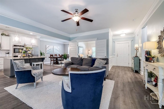 1652 Belle Island Rd, Richmond Hill, GA 31324 - living room with dark wood-type flooring, a ceiling fan, and ornamental molding