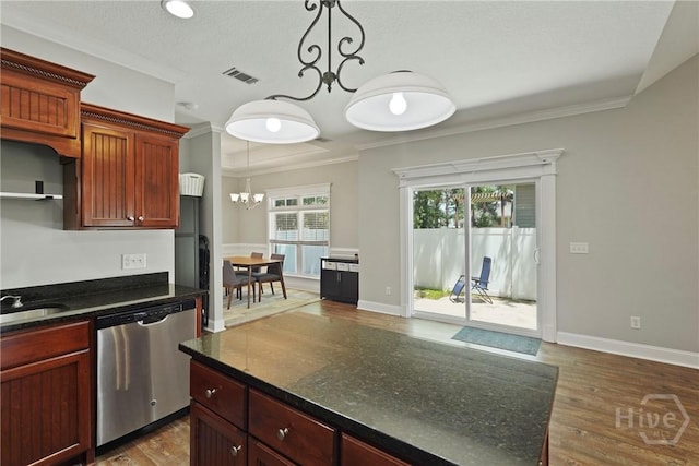 1226 Peacock Trl, Hinesville, GA 31313 - kitchen featuring dishwasher, crown molding, a chandelier, dark wood-style flooring, and hanging light fixtures